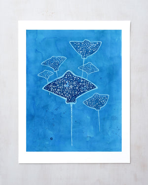 Spotted Eagle Rays Art Print, Whimsical Ocean Animal Painting, Under the Sea Decor