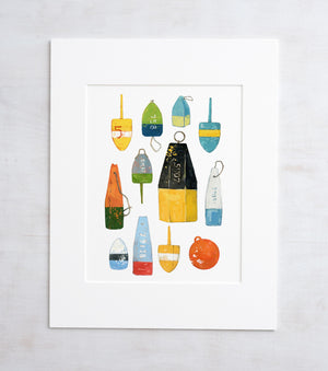 Lobster Buoys Watercolor Painting, Colorful Nautical Print