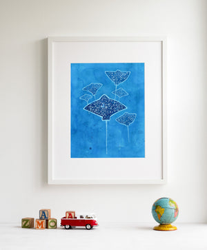 Spotted Eagle Rays Art Print, Whimsical Ocean Animal Painting, Under the Sea Decor