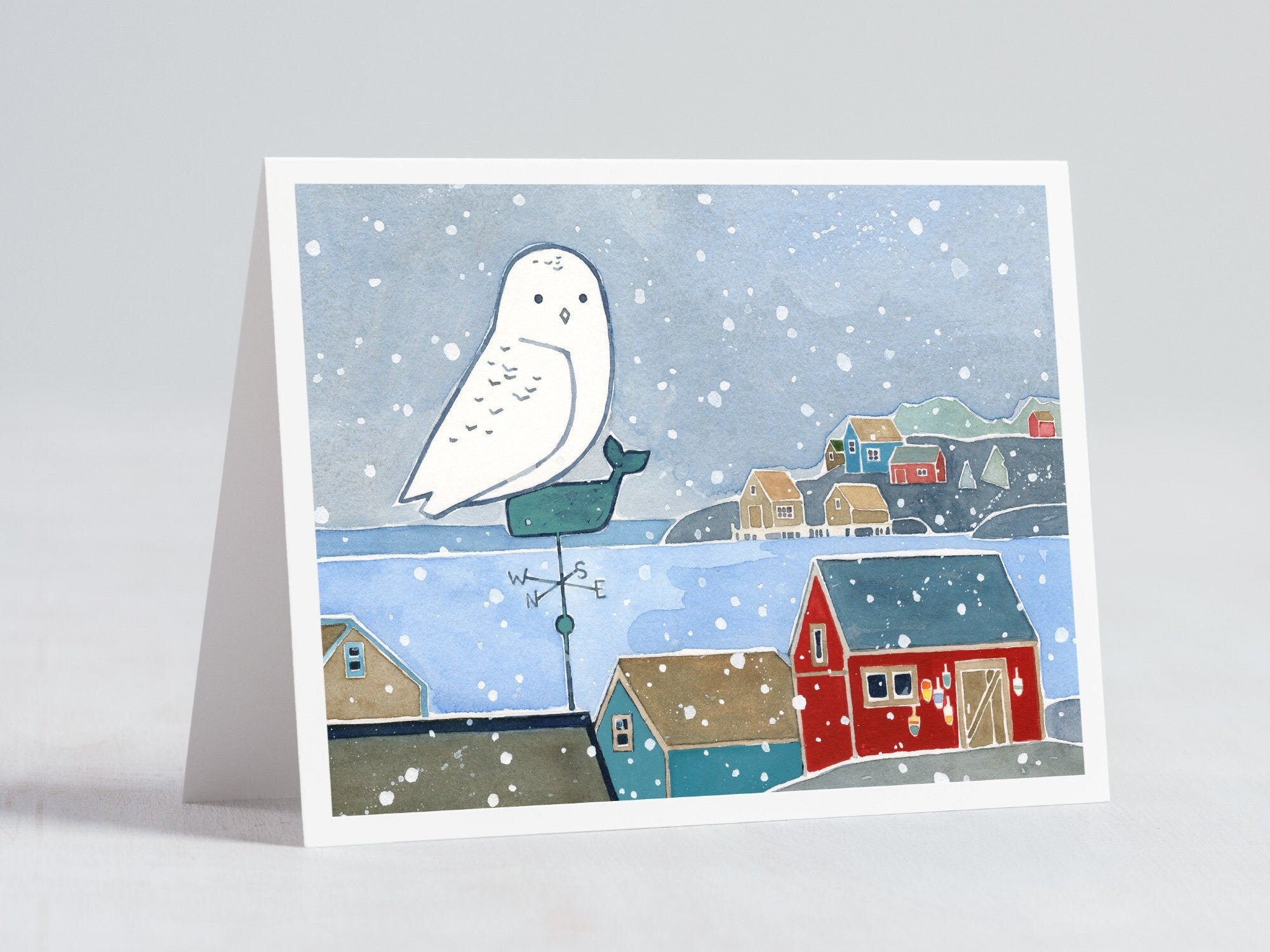 Snowy Owl Coastal Village Christmas Card, Coastal Holiday Card