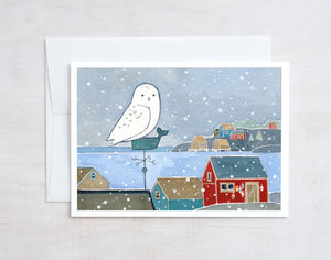 Snowy Owl Coastal Christmas Card Set, Nautical Holiday Cards