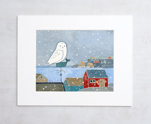 Snowy Owl Winter Coastal Print, New England Seascape Painting, Fishing Town Illustration