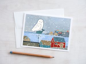 Snowy Owl Coastal Village Christmas Card, Coastal Holiday Card