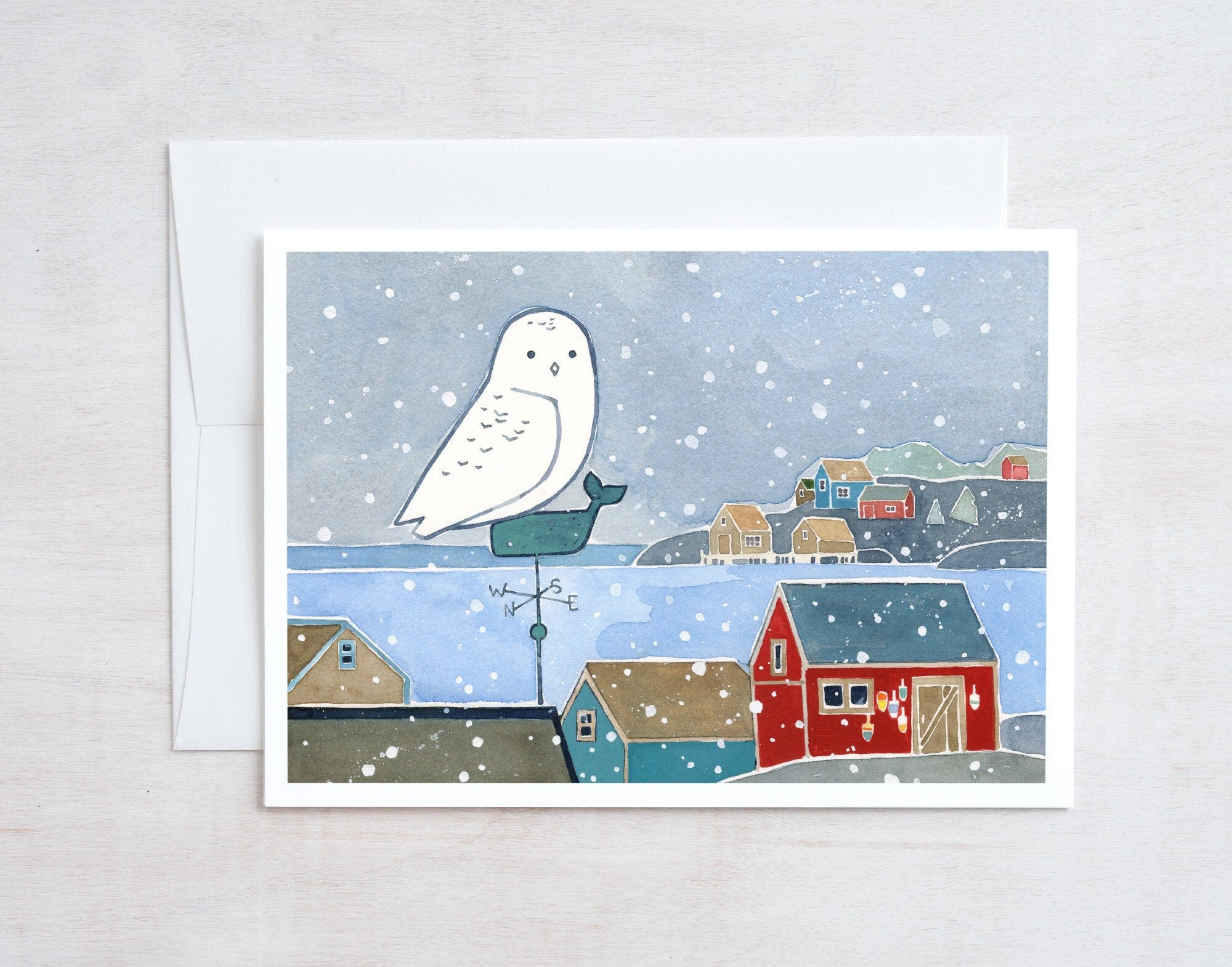 Snowy Owl Coastal Village Christmas Card, Coastal Holiday Card