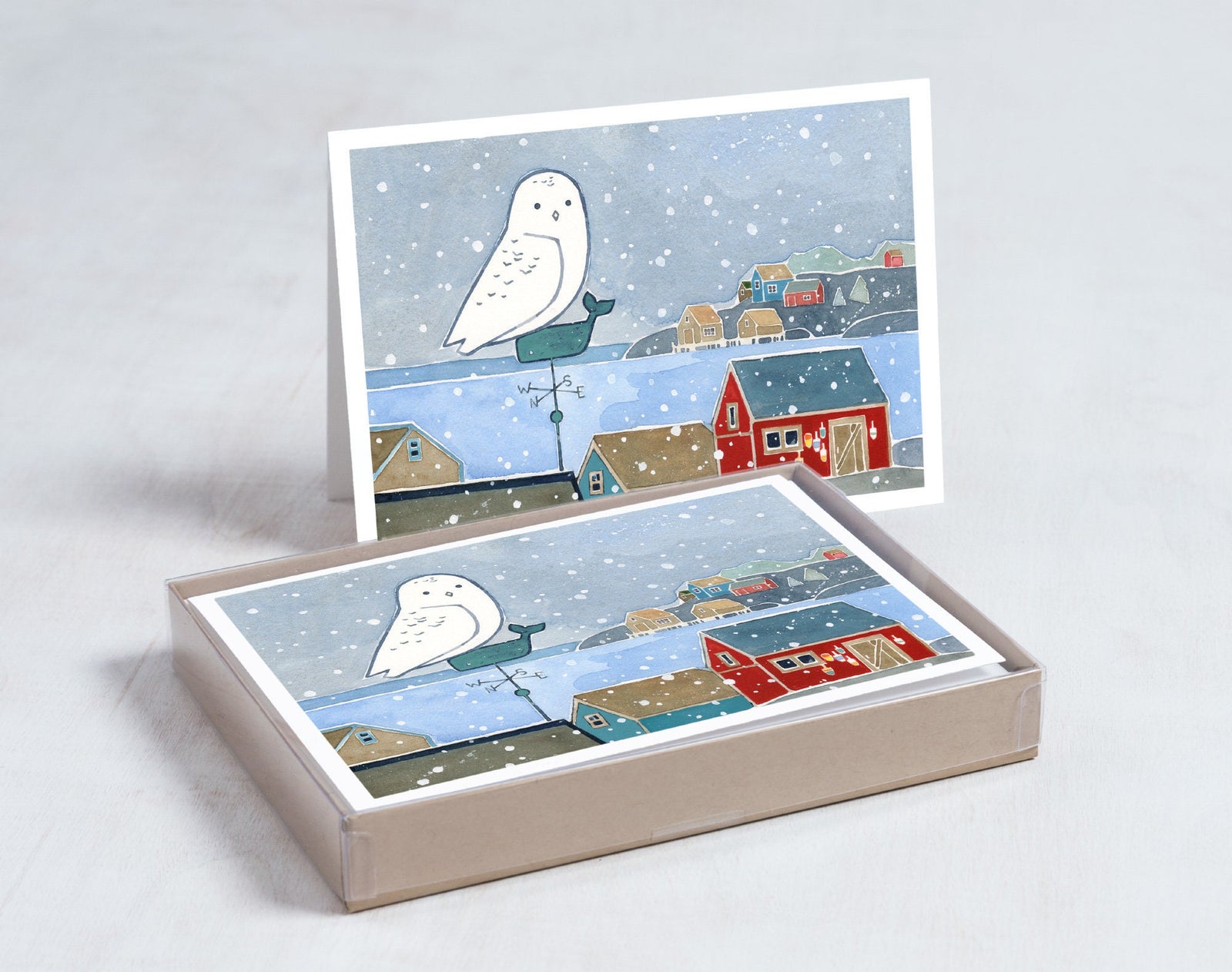 Snowy Owl Coastal Christmas Card Set, Nautical Holiday Cards
