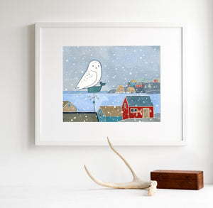 Snowy Owl Winter Coastal Print, New England Seascape Painting, Fishing Town Illustration