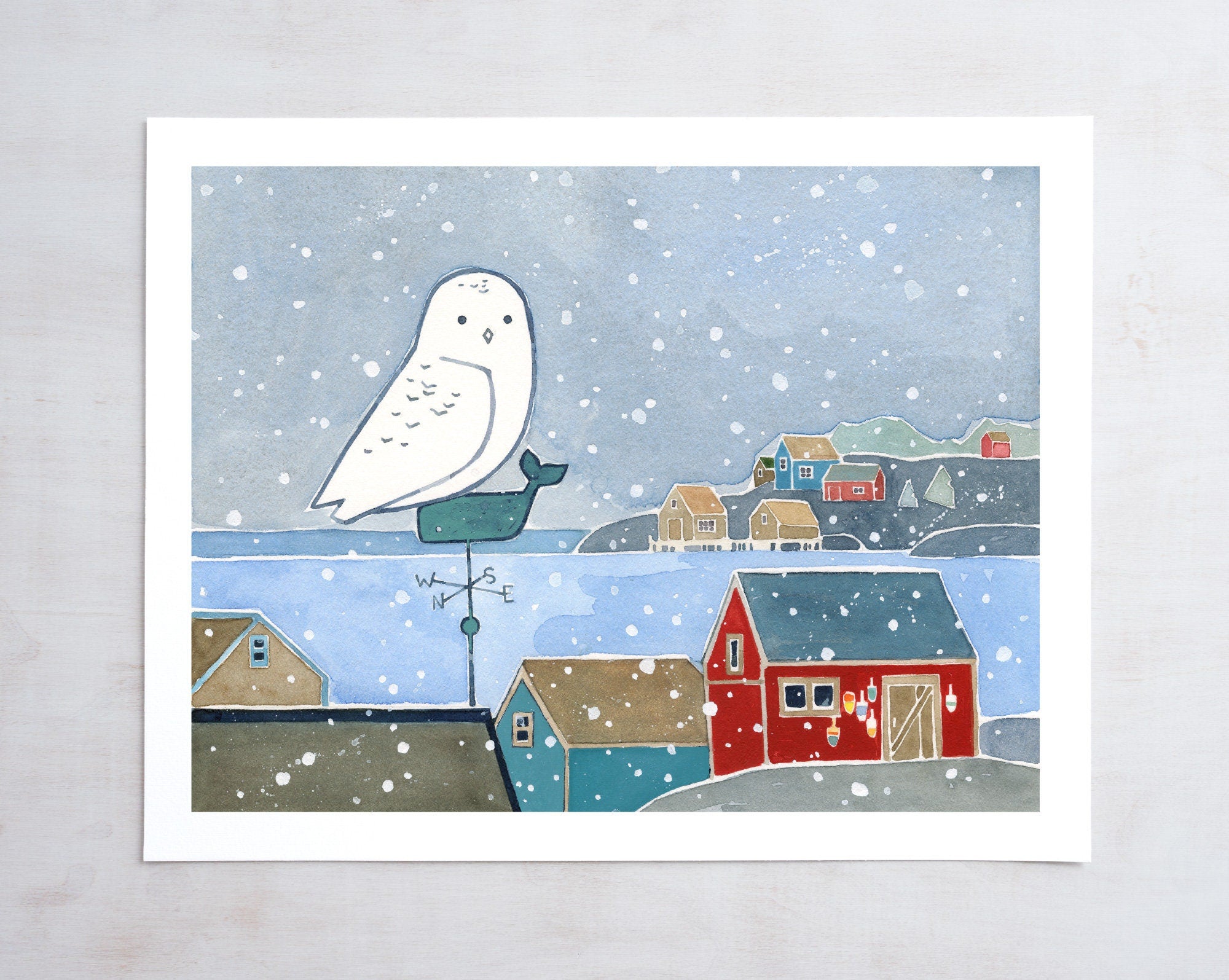 Snowy Owl Winter Coastal Print, New England Seascape Painting, Fishing Town Illustration