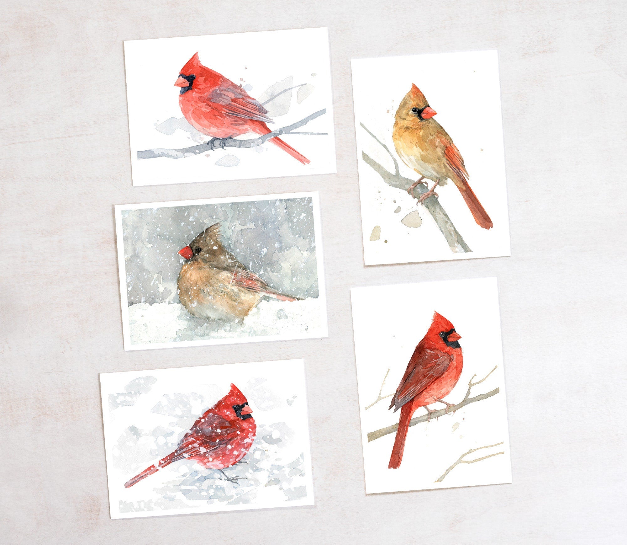 Cardinals Christmas Card Set, Winter Birds in Snow Holiday Stationery, Cardinal Watercolors