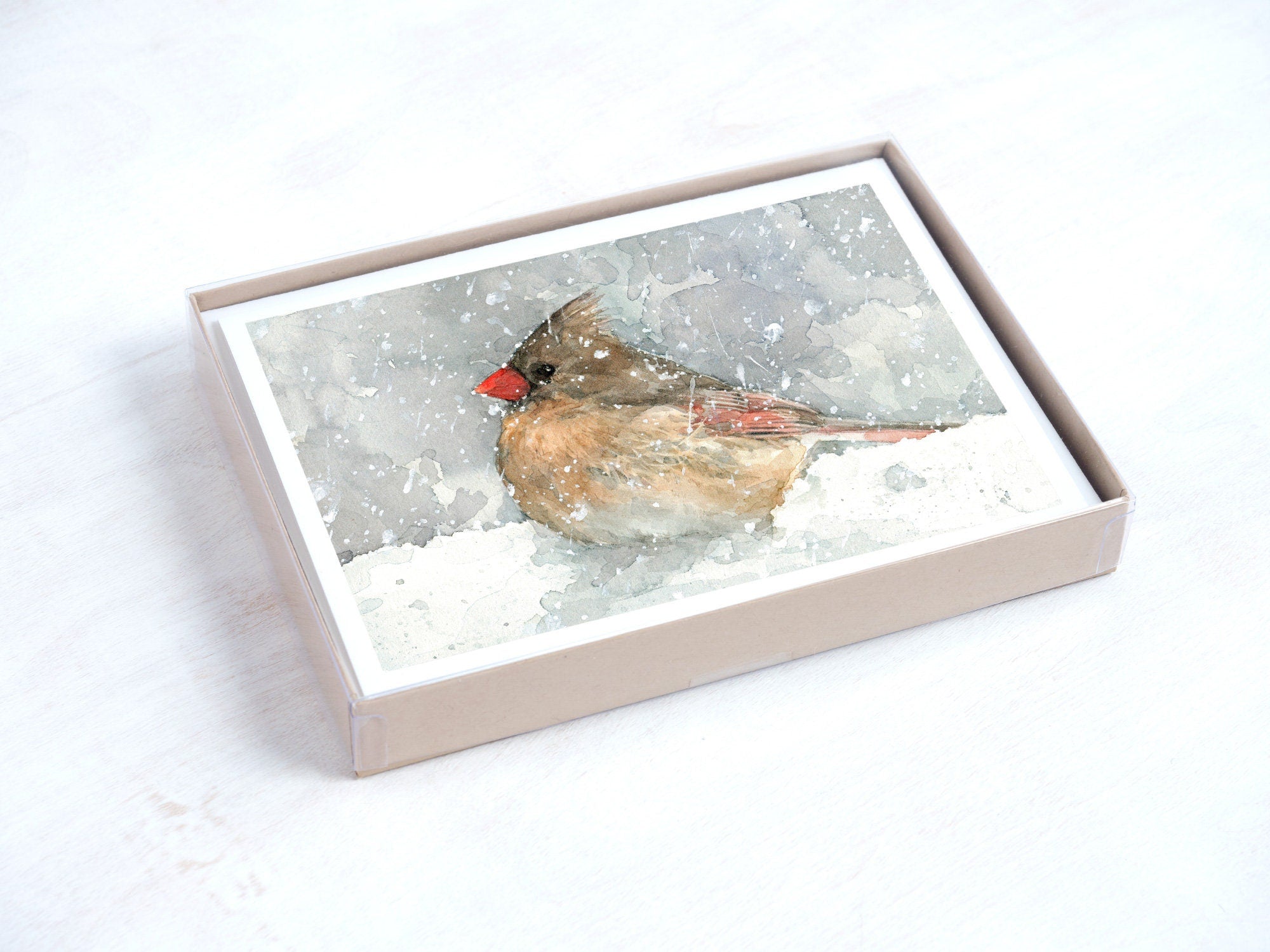 Cardinals Christmas Card Set, Winter Birds in Snow Holiday Stationery, Cardinal Watercolors