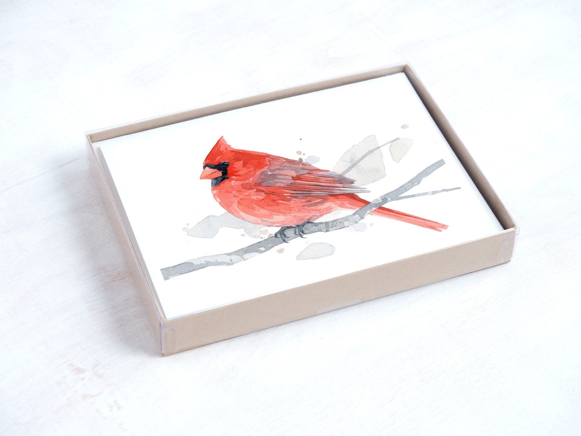 Cardinals Christmas Card Set, Winter Birds in Snow Holiday Stationery, Cardinal Watercolors