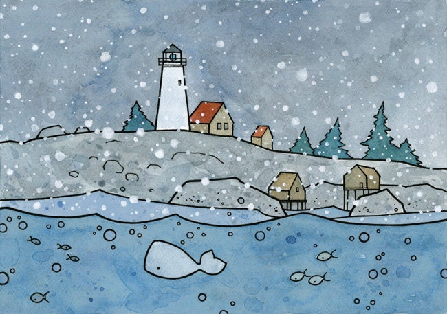 Coastal Christmas Card Snowy Lighthouse and Whale