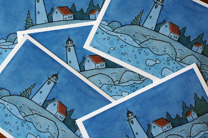 Nautical Christmas Cards Set - Lighthouse and Whale - Pack of 10