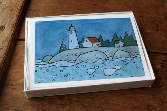 Nautical Christmas Cards Set - Lighthouse and Whale - Pack of 10