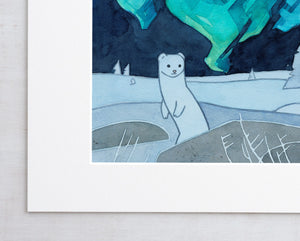 Ermine Weasel Northern Lights Art Print, Arctic Gift , Kids Animal Art, Aurora Borealis