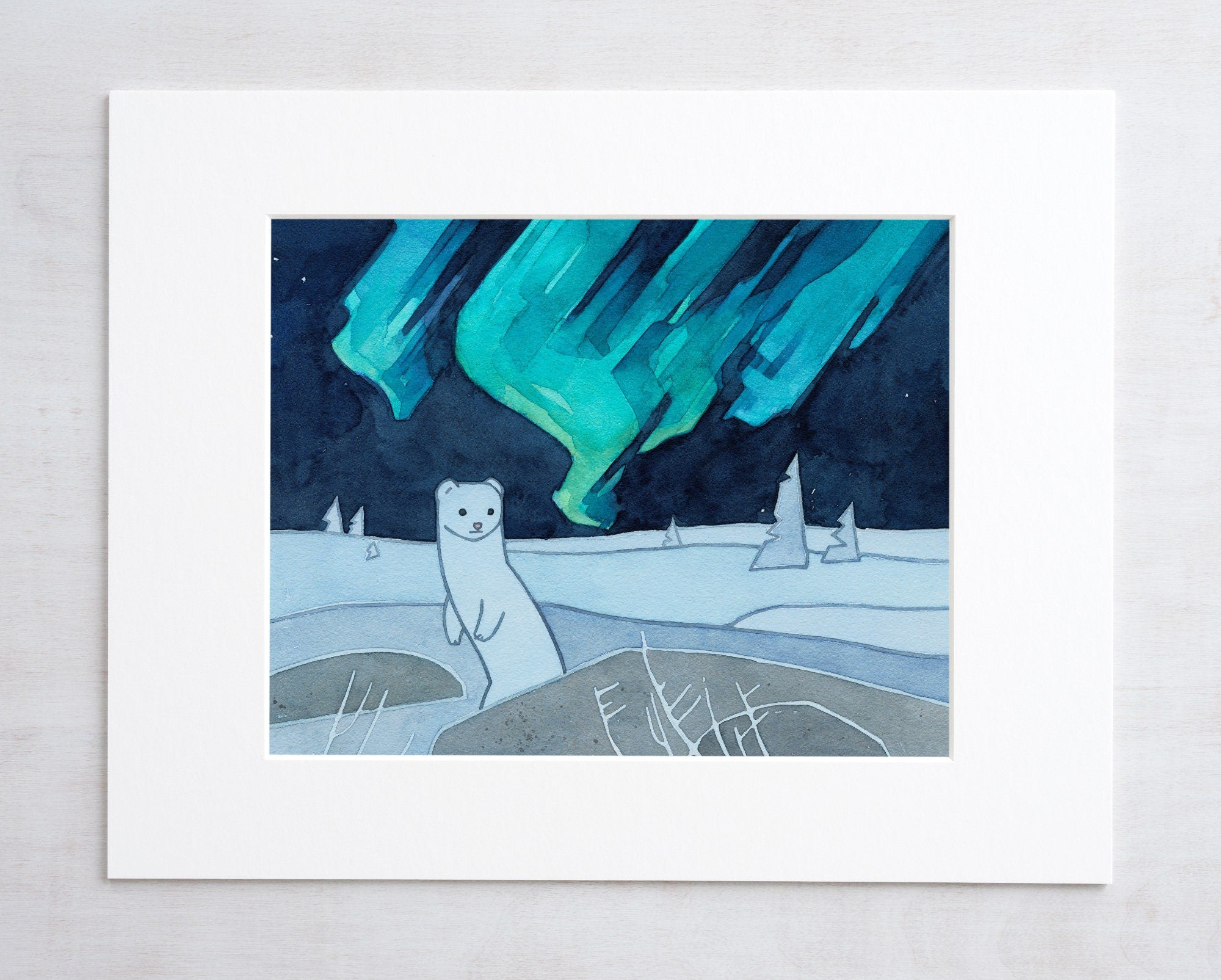Ermine Weasel Northern Lights Art Print, Arctic Gift , Kids Animal Art, Aurora Borealis