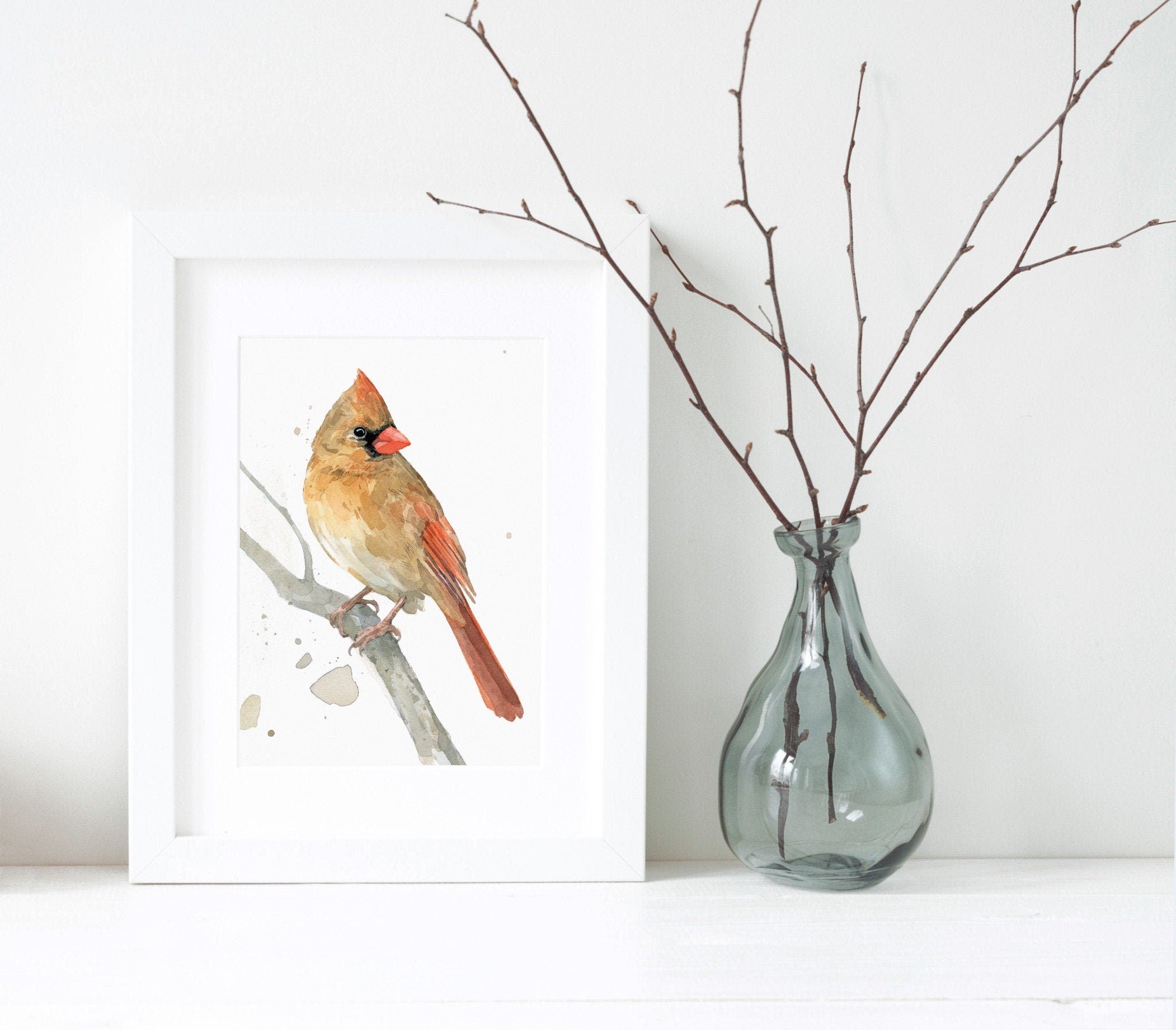 Female Cardinal Watercolor Print, Bird Painting