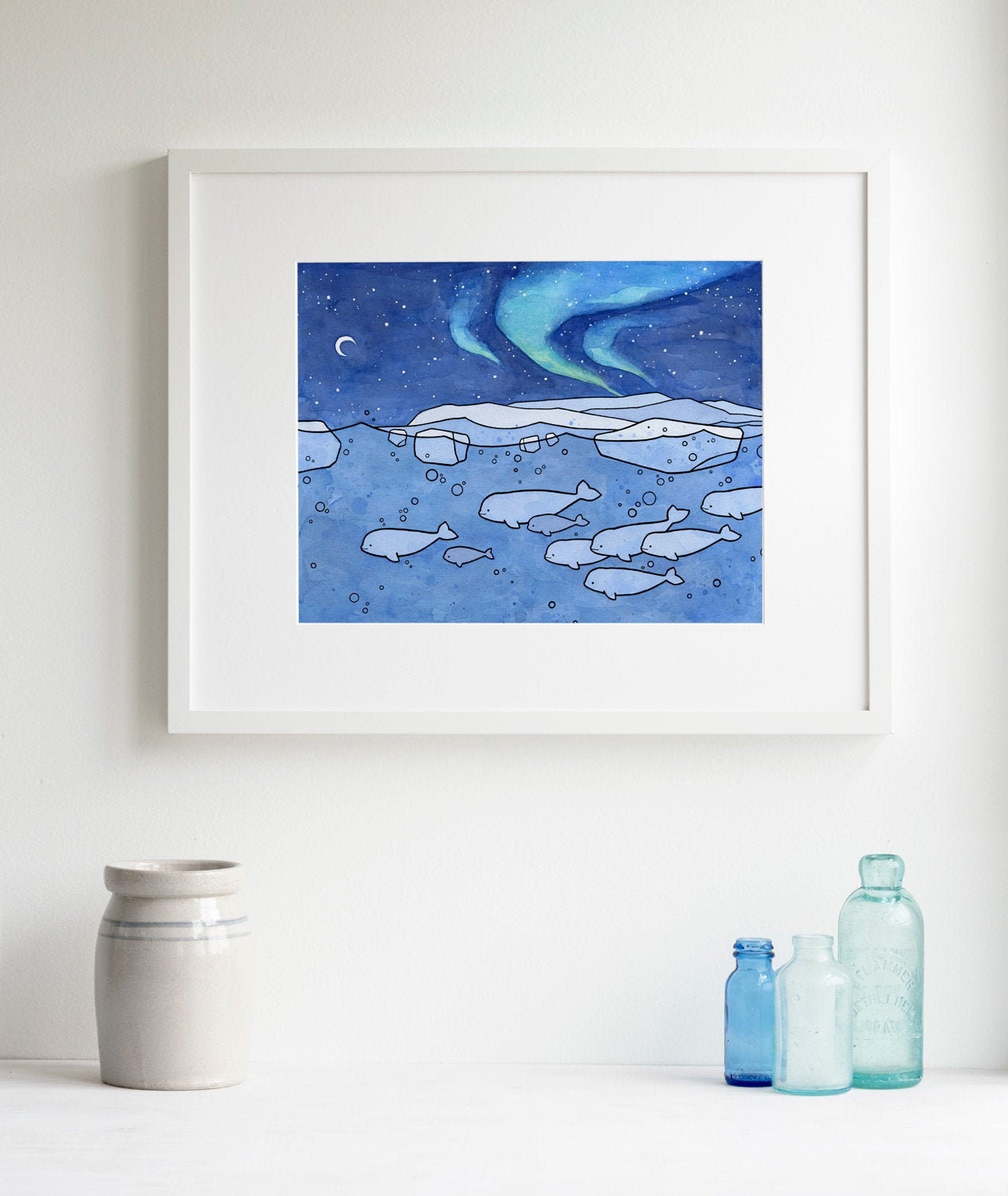 Belugas and Aurora Illustration, Arctic Animal Print