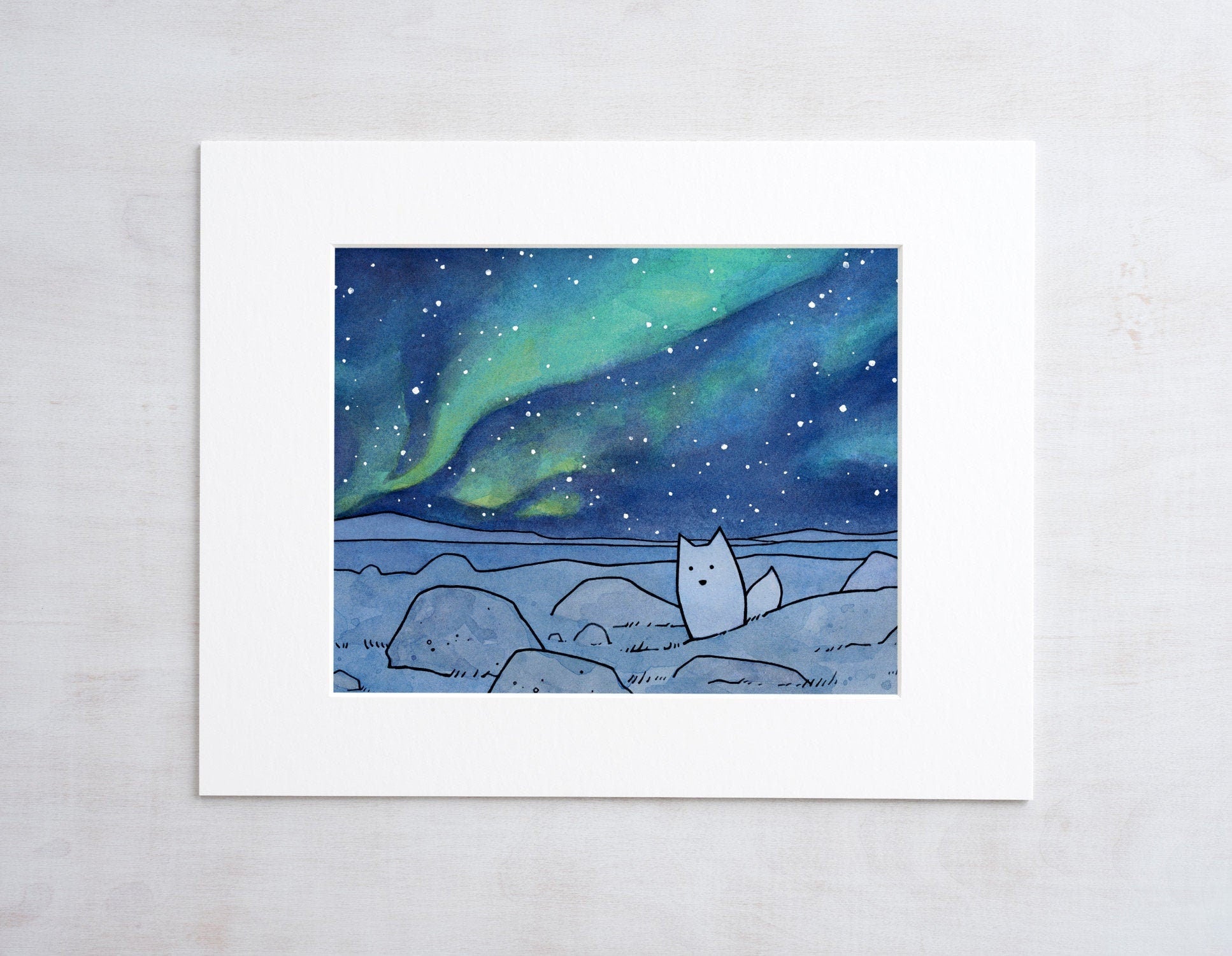 Northern Lights Arctic Fox Art Print, Watercolor Illustration, Kids Room Wall Art, Winter Decor