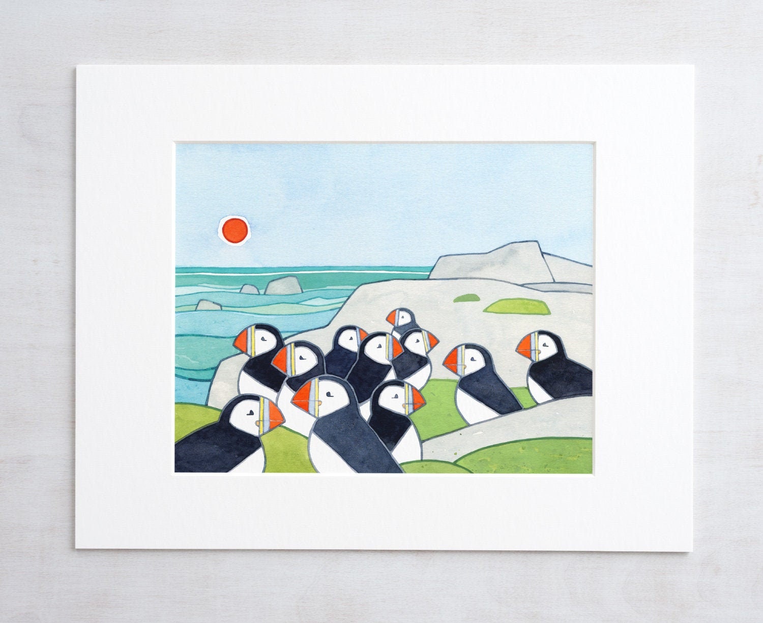 Puffin Colony Art Print, Whimsical Bird Illustration Wall Decor, Puffin Rock