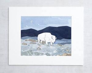White Bison Watercolor Print, American West Animal Illustration, Kids Room Wall Art