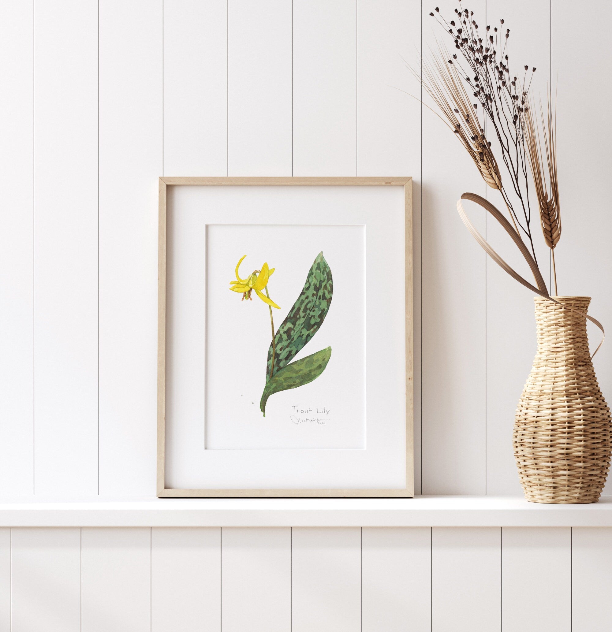 Trout Lily Wildflower Botanical Print, Yellow Woodland Flower Watercolor Art