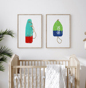 Lobster Buoy Print, Nautical Wall Art, Teal and Red