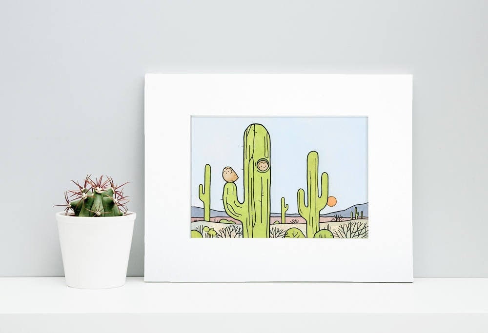 Owls and Saguaro Cactus Print, Whimsical South West Desert Illustration Wall Art