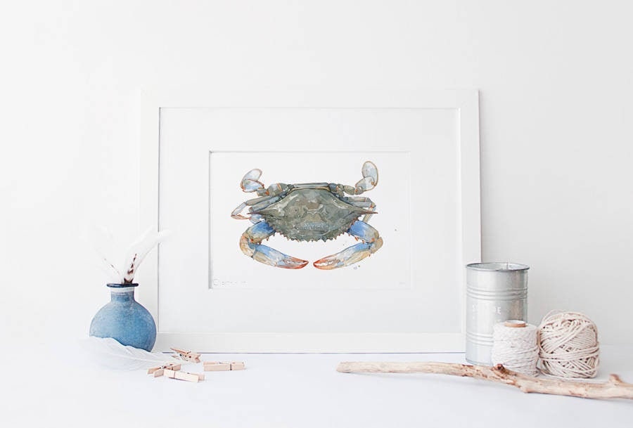 Blue Crab Watercolor Art Print, Coastal Decor, Crab Wall Art