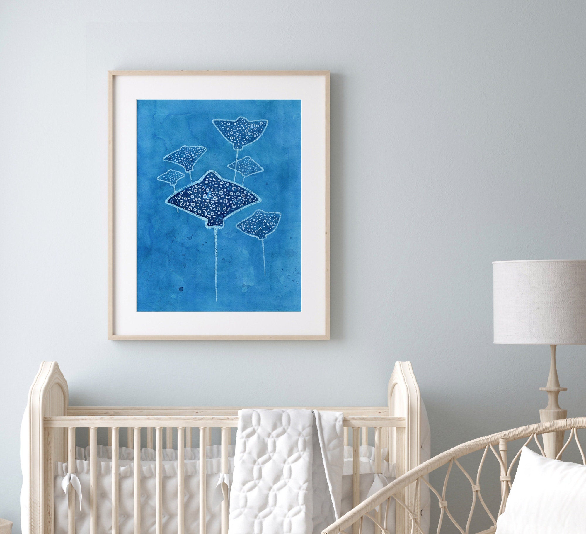 Spotted Eagle Rays Art Print, Whimsical Ocean Animal Painting, Under the Sea Decor