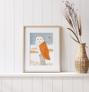 Barn Owl Folk Art Print, Winter Landscape Watercolor Bird Painting