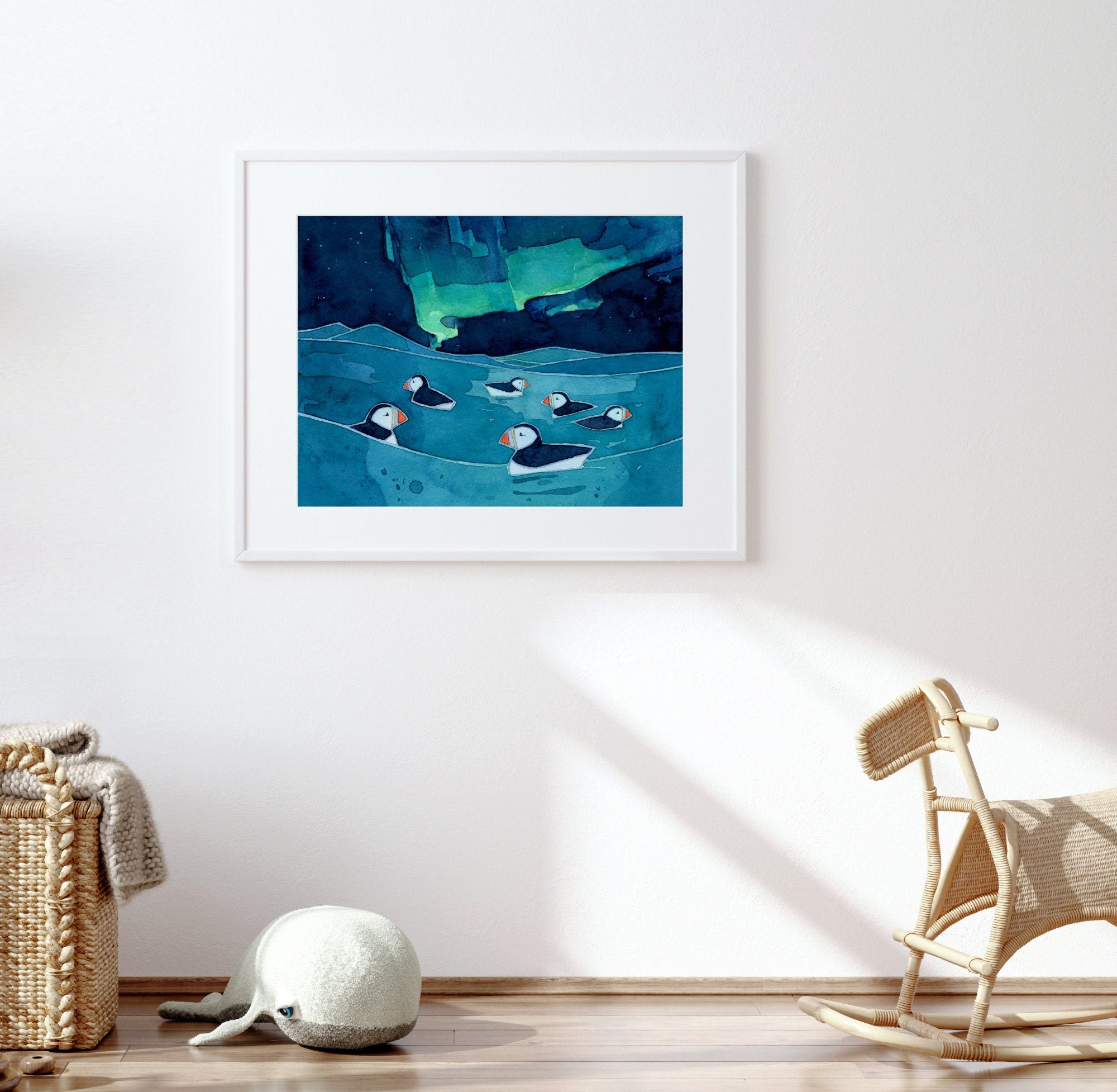 Puffins Northern Lights Art Print, Kids Arctic Animal Art, Aurora Borealis