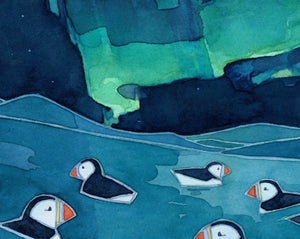 Puffins Northern Lights Art Print, Kids Arctic Animal Art, Aurora Borealis