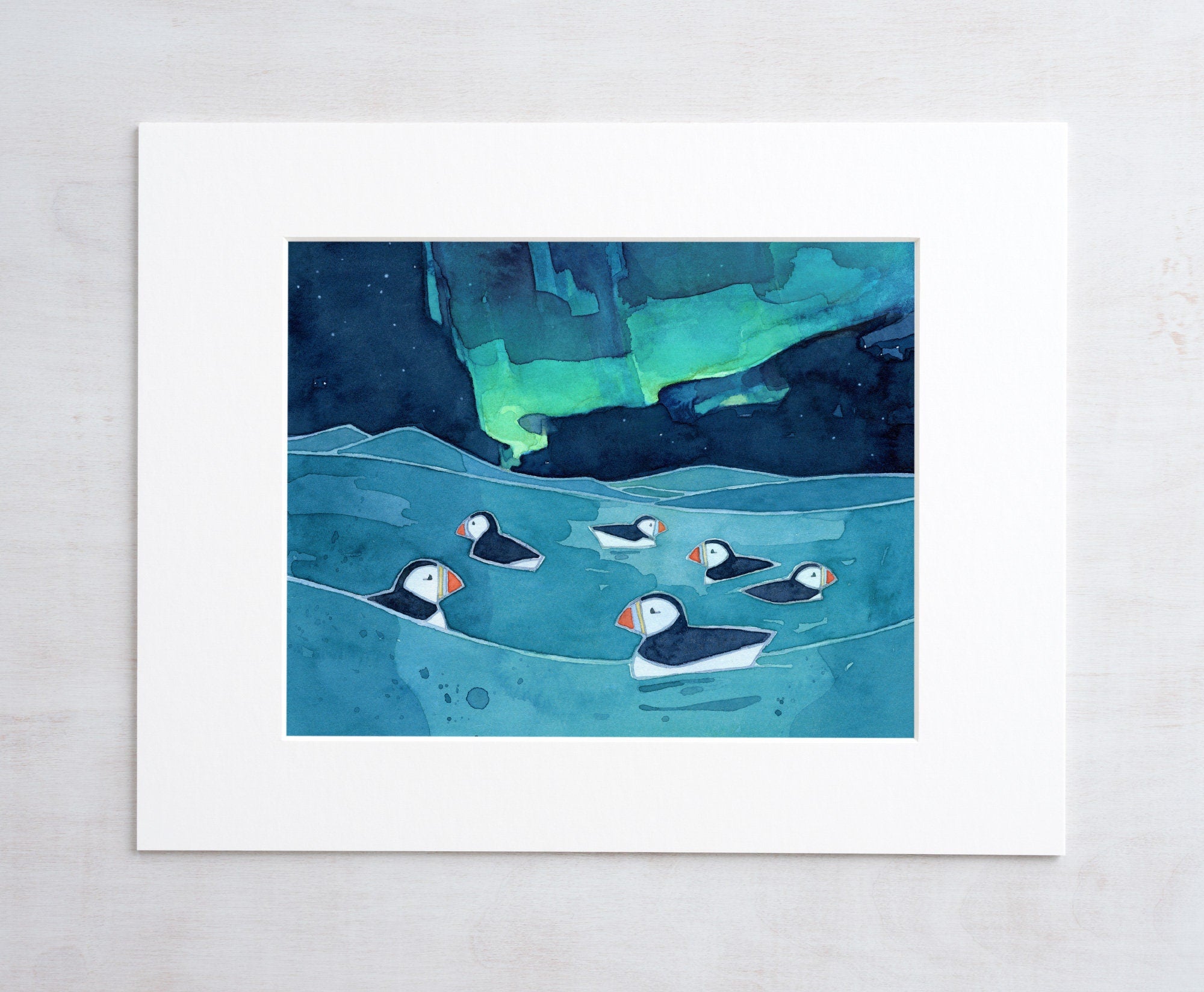 Puffins Northern Lights Art Print, Kids Arctic Animal Art, Aurora Borealis
