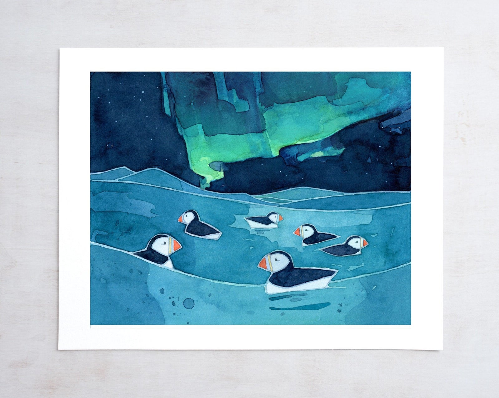 Puffins Northern Lights Art Print, Kids Arctic Animal Art, Aurora Borealis