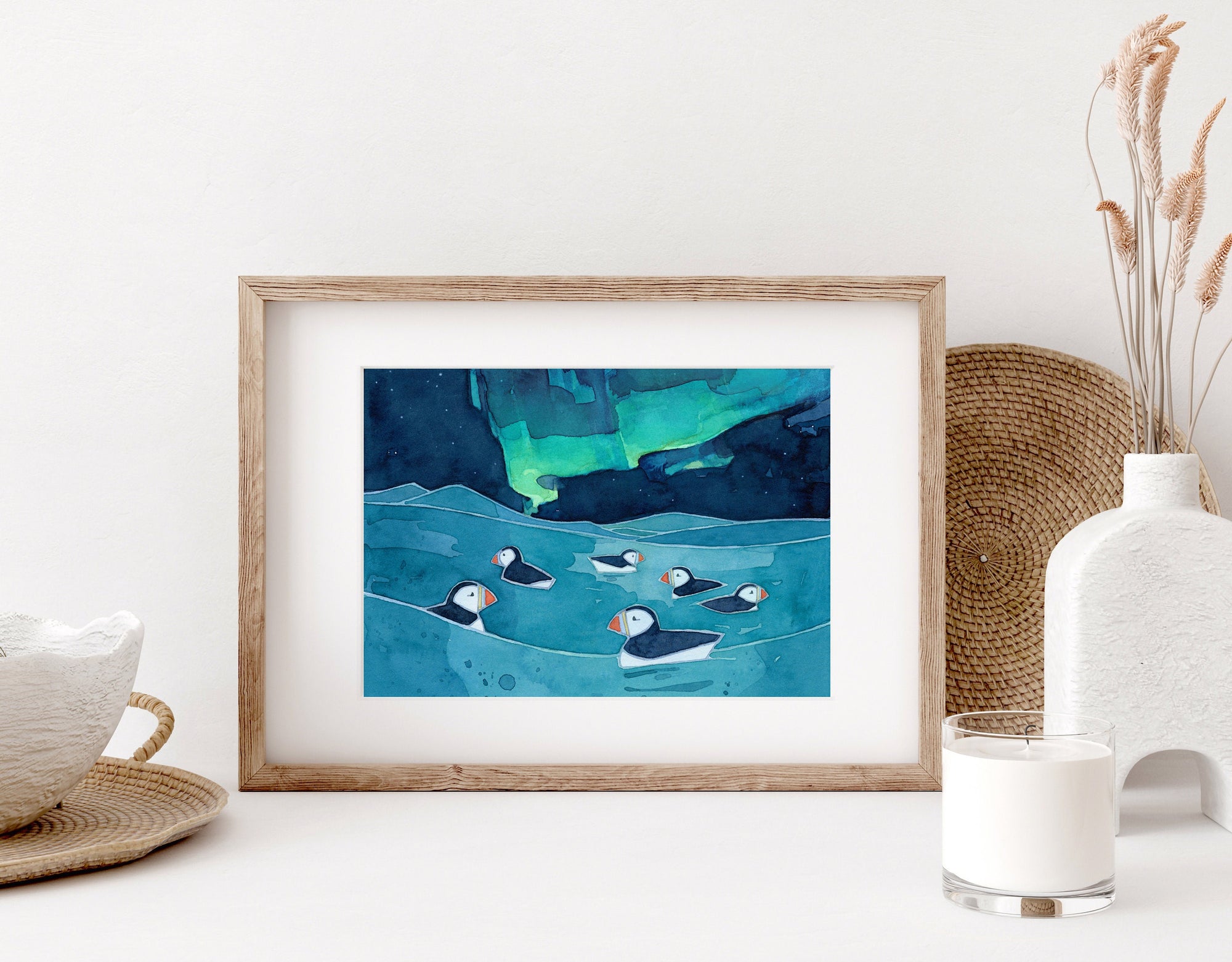 Puffins Northern Lights Art Print, Kids Arctic Animal Art, Aurora Borealis