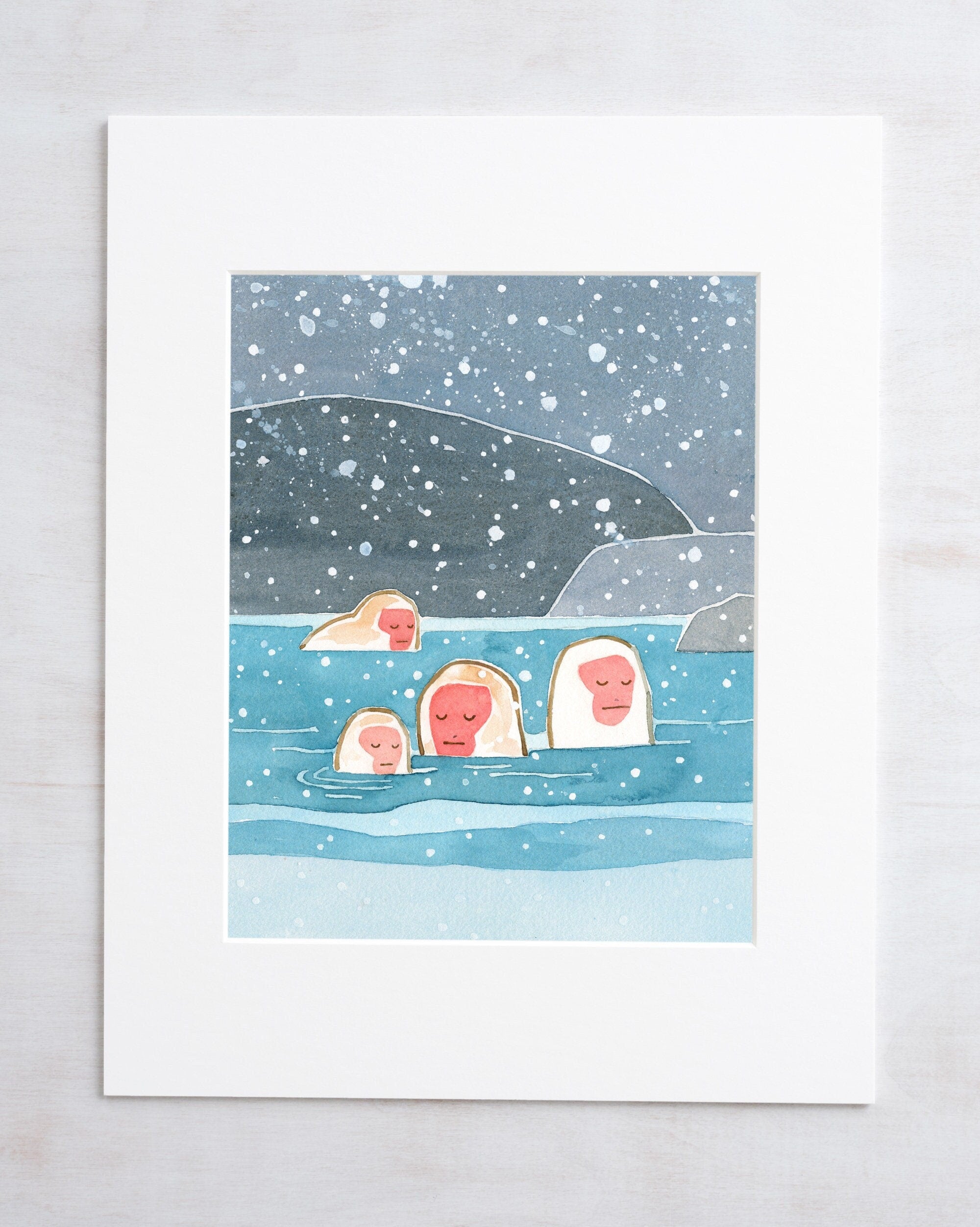 Japanese Snow Monkeys Print, Snowy Winter Animal Print
