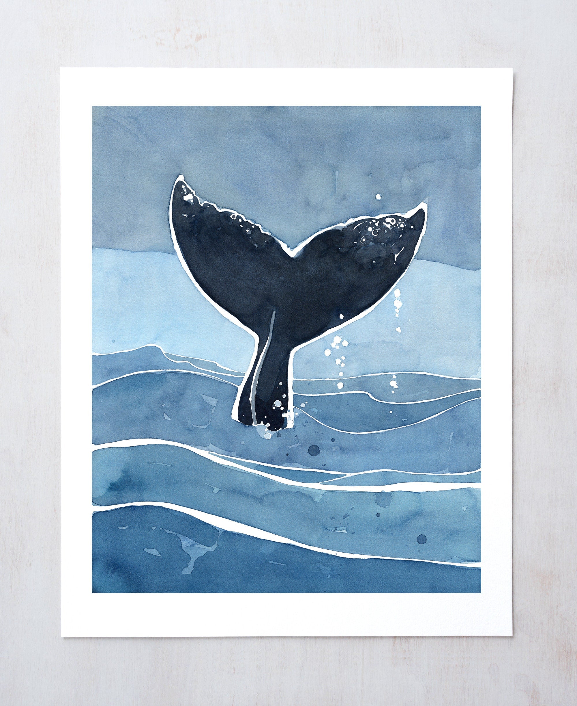 Whale Tail Print, Nautical Ocean Watercolor Art