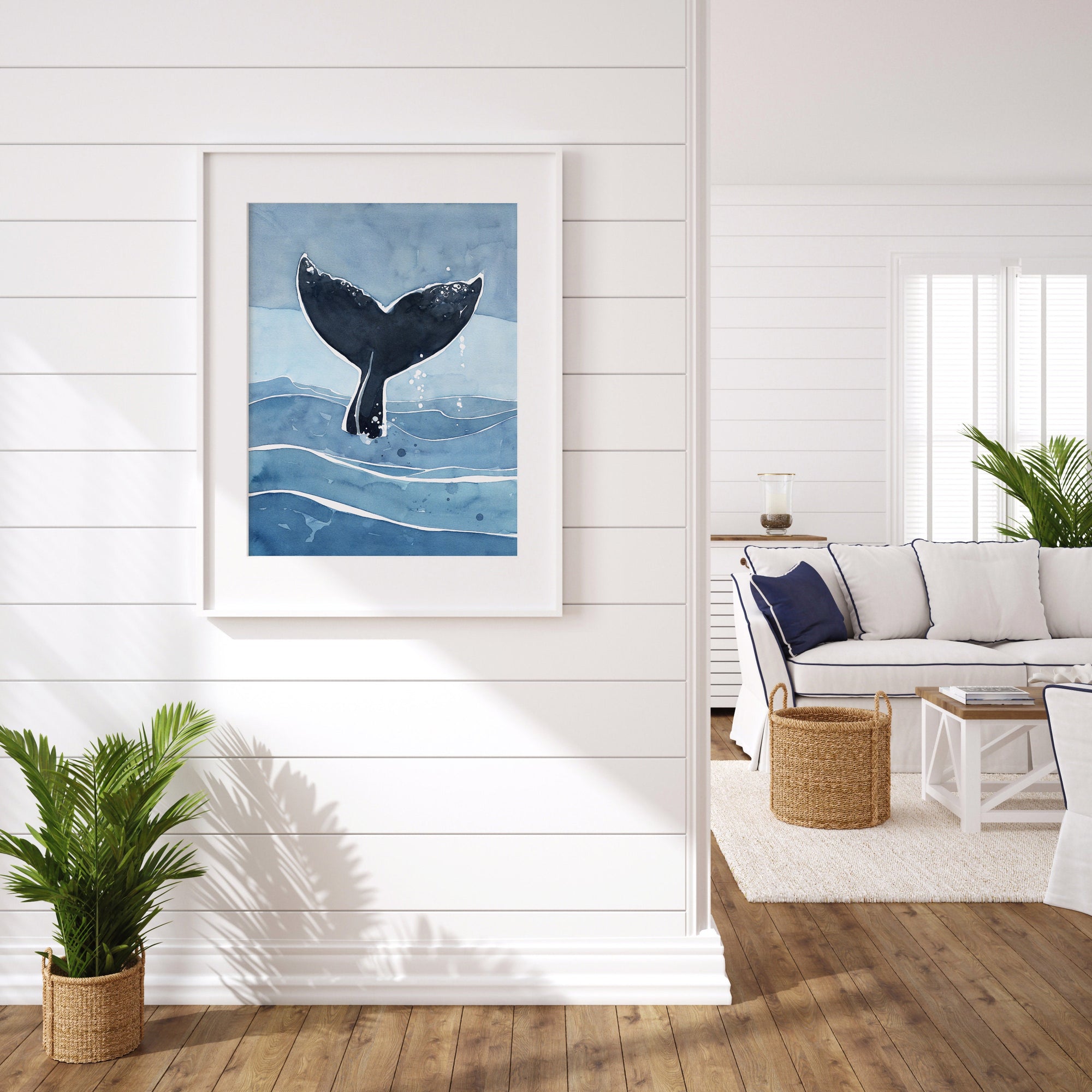 Whale Tail Print, Nautical Ocean Watercolor Art