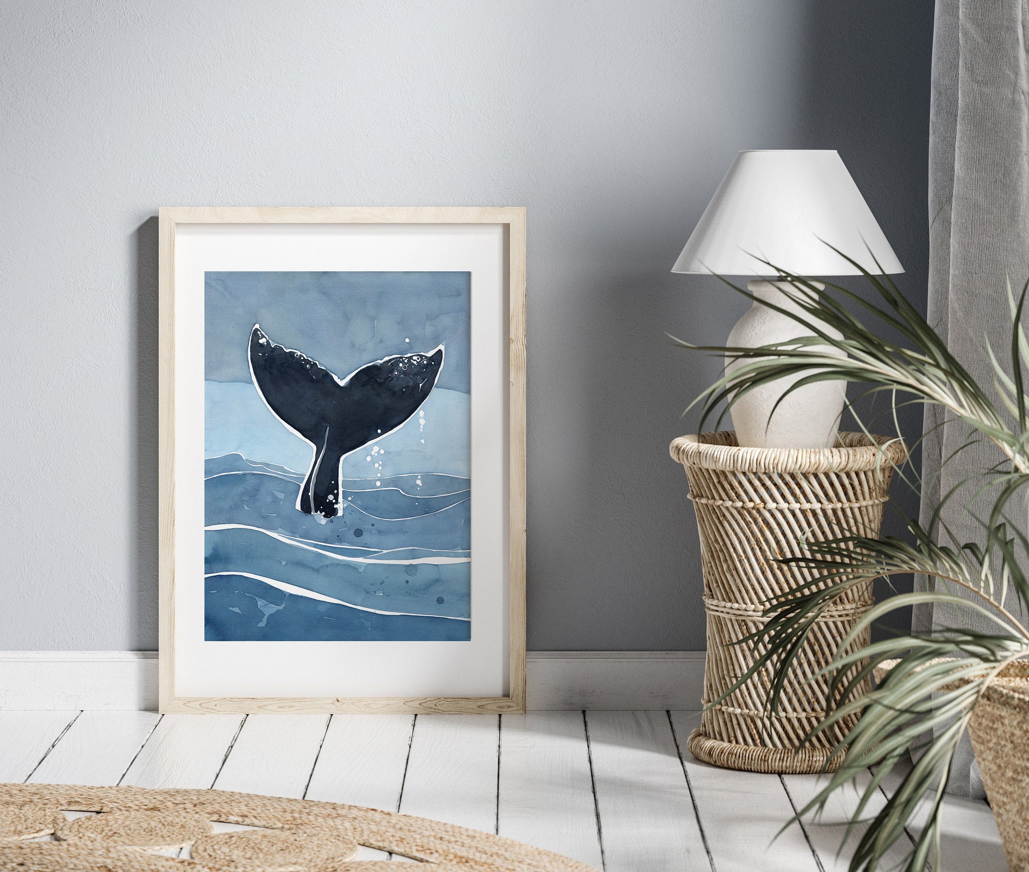 Whale Tail Print, Nautical Ocean Watercolor Art