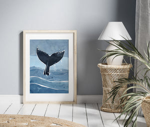 Whale Tail Print, Nautical Ocean Watercolor Art