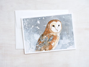 Barn Owl Christmas Card, Owl in Snow Watercolor Holiday Card
