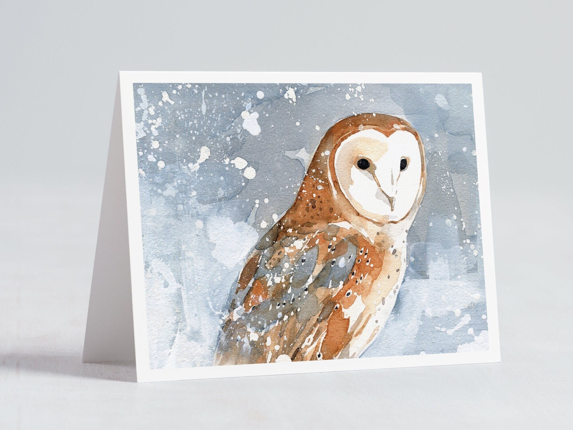 Barn Owl Christmas Card, Owl in Snow Watercolor Holiday Card