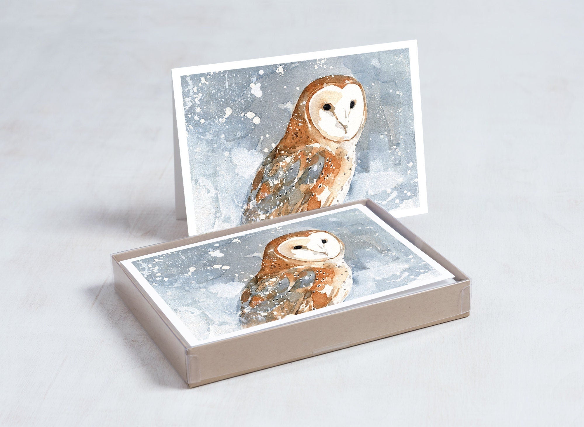 Barn Owl in Snow Christmas Card Set, Winter Bird Rustic Country Holiday Cards