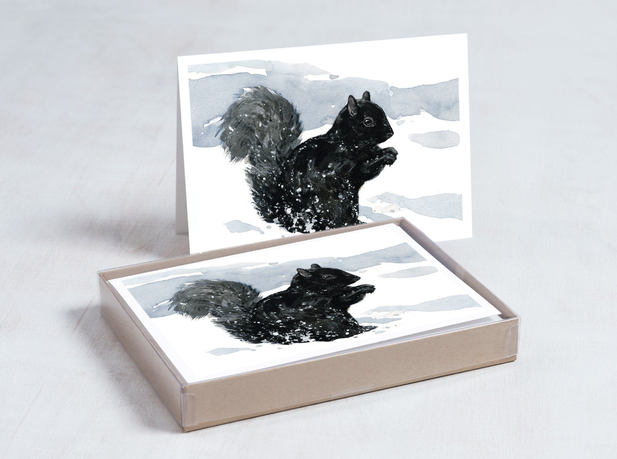 Black Squirrel in Snow Christmas Card Set, Winter Animal Holiday Greeting Cards