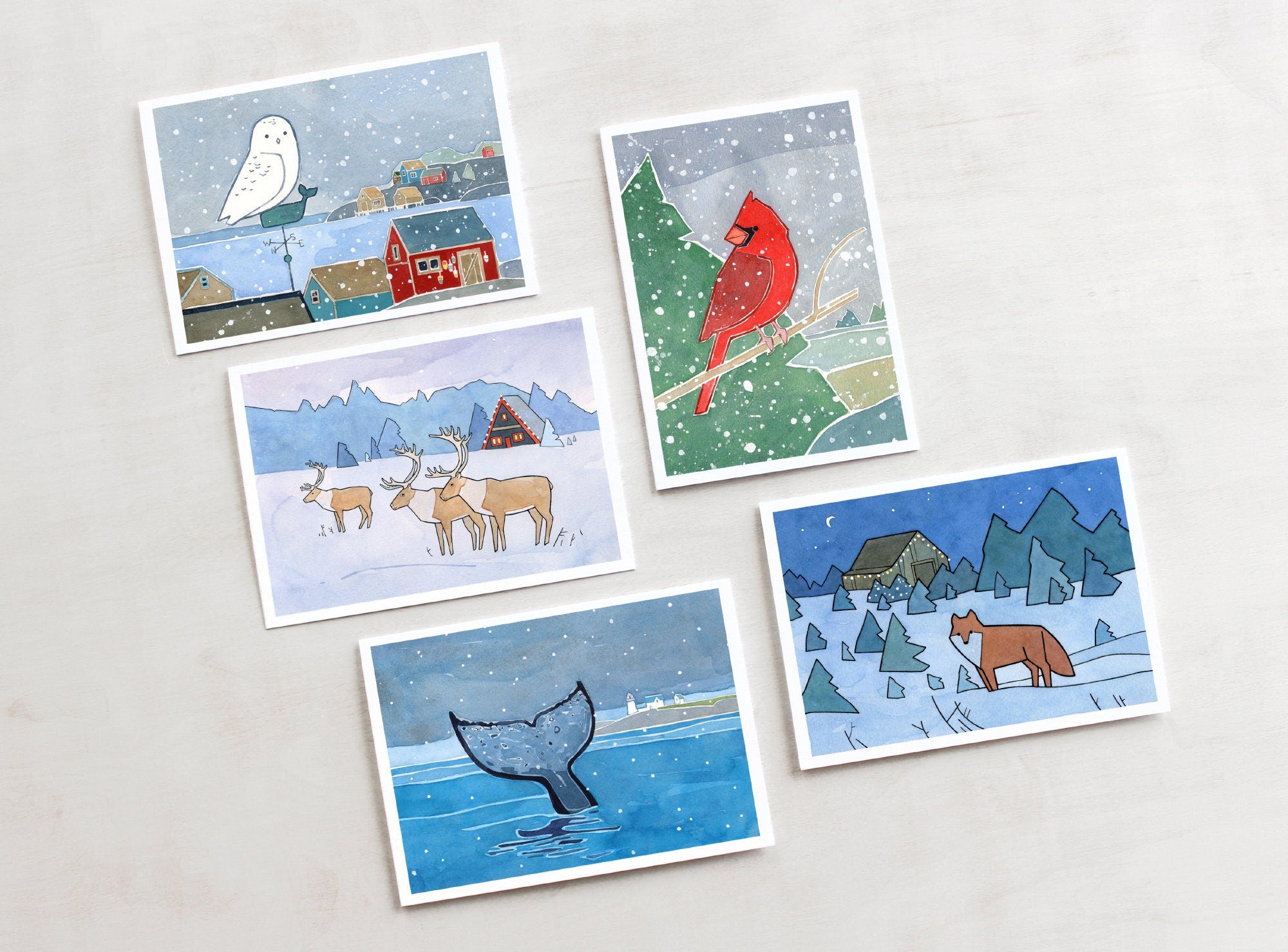 Mixed Christmas Card Set 4, Christmas Animals, Winter Holiday Greeting Cards