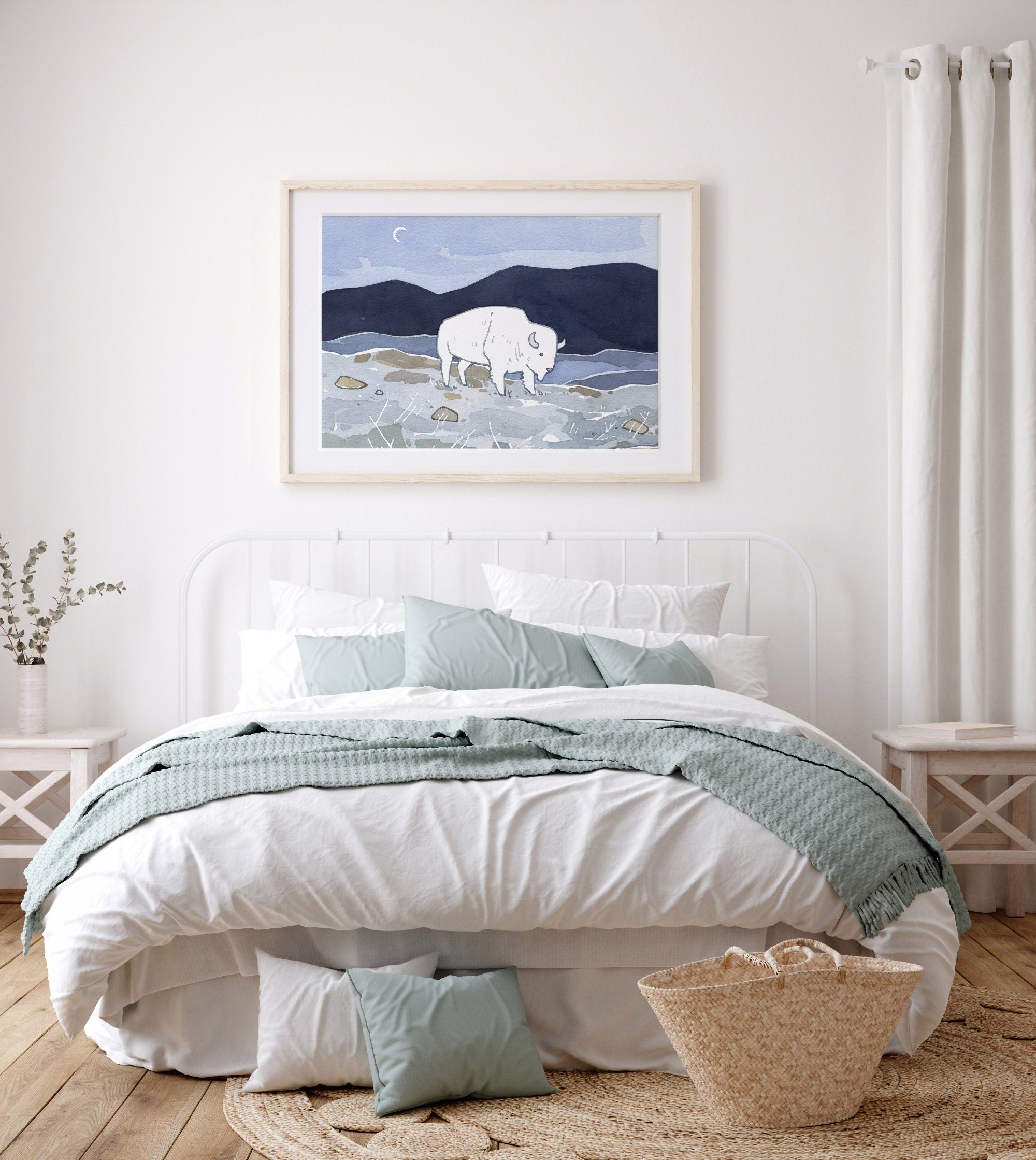 White Bison Watercolor Print, American West Animal Illustration, Kids Room Wall Art