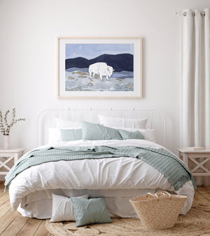 White Bison Watercolor Print, American West Animal Illustration, Kids Room Wall Art