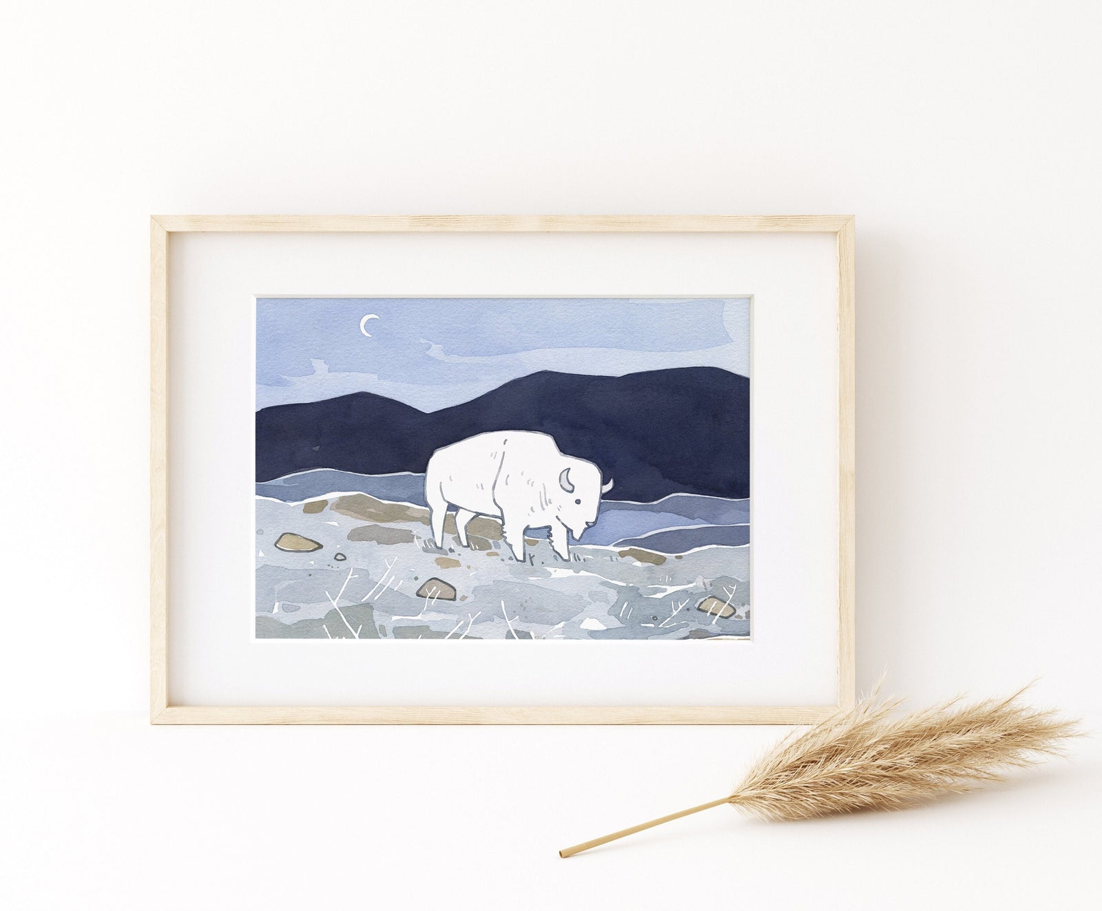 White Bison Watercolor Print, American West Animal Illustration, Kids Room Wall Art