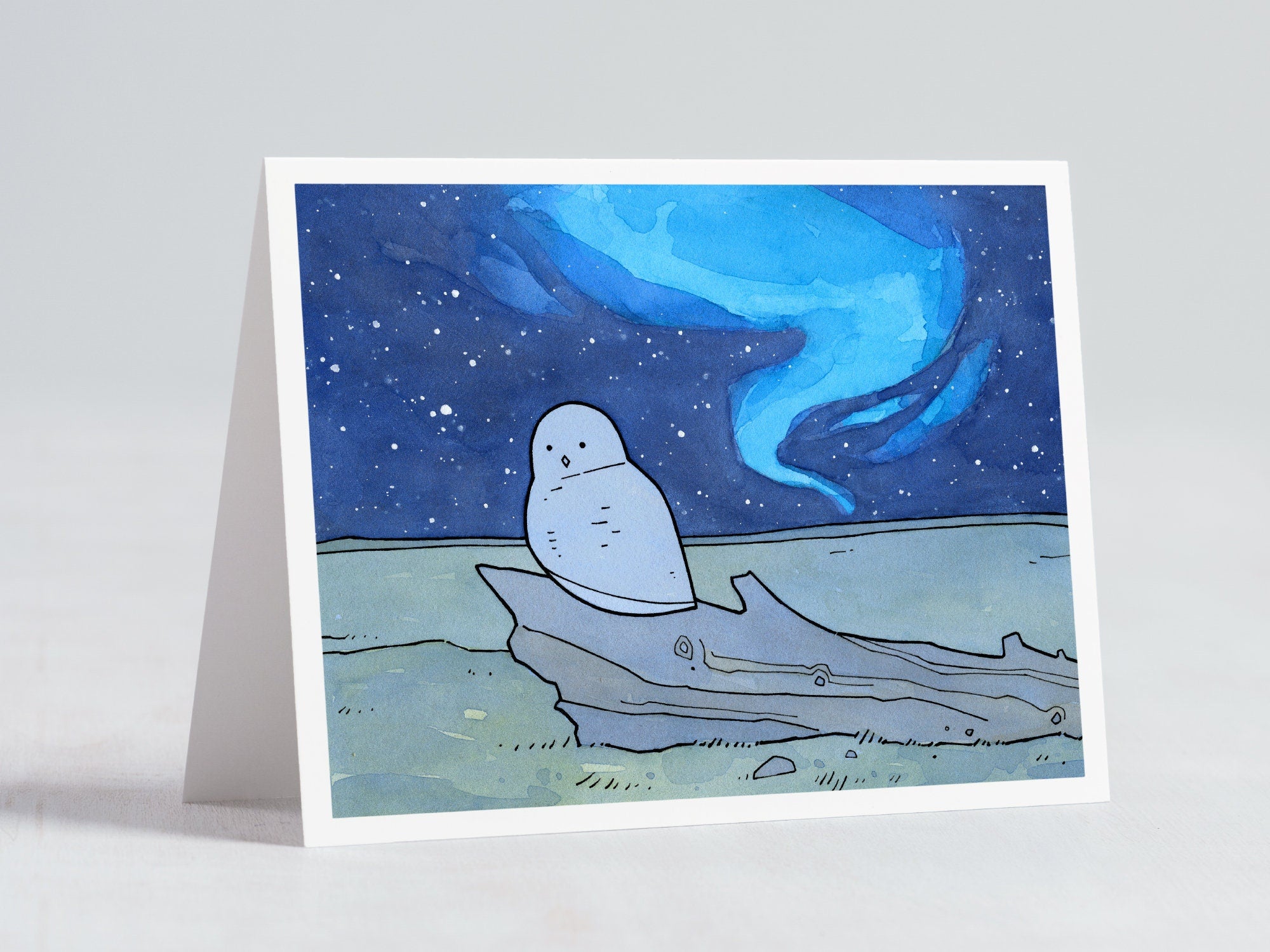 Snowy Owl Northern Lights Christmas Card, Winter Holiday Stationery
