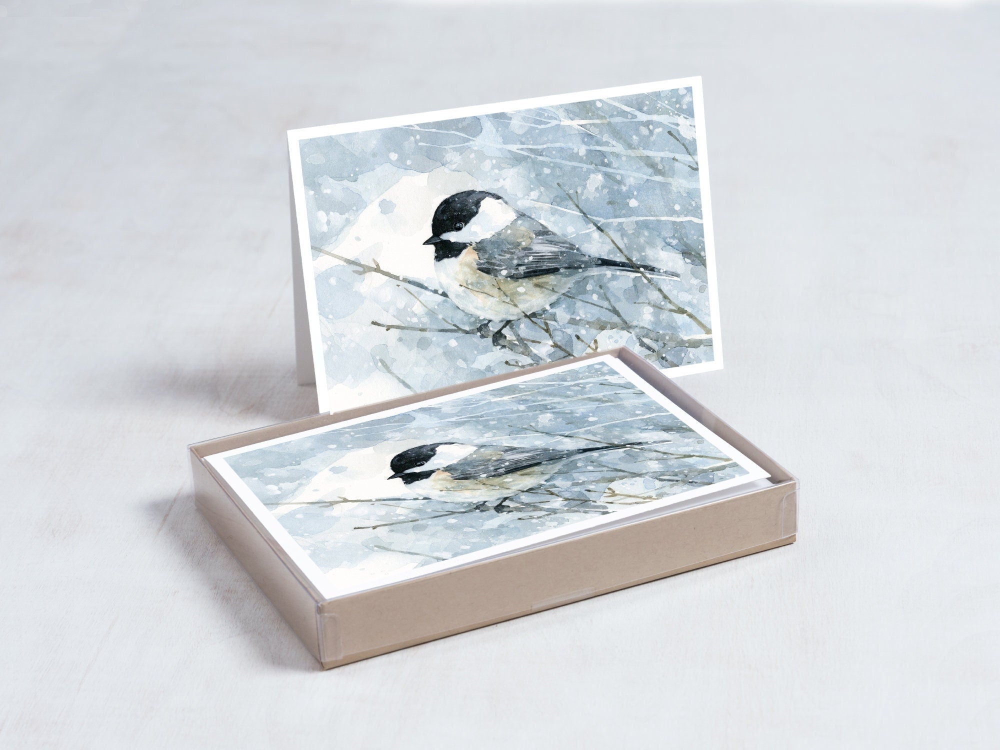 Chickadee Snow Watercolor Card Set, 10 Cards, Winter Christmas Card Stationery